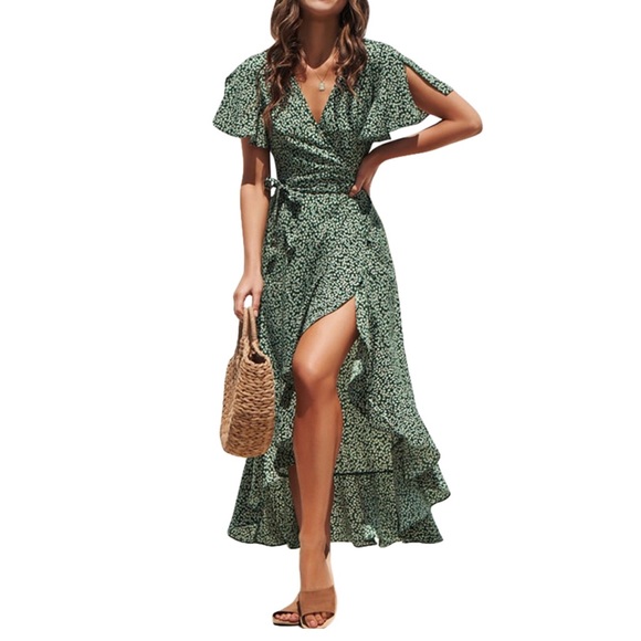 Dresses & Skirts - Green white dot Bohemia ruffle wrap maxi dress